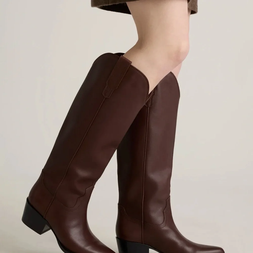 Quince Italian Leather Tall Western Boot in Espresso brown Size 8 - Picture 2 of 10